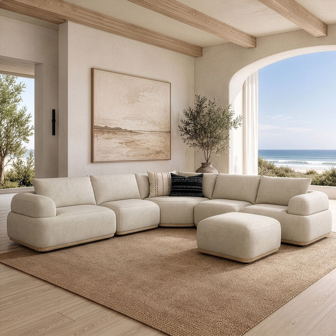 Off White Modular Sectional Sofa, Round Arm Pillow Back Sectional Couch