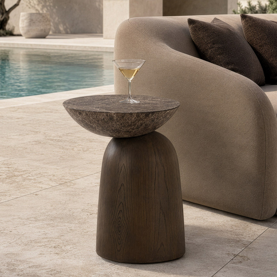 Brown Faux Marble Drum Side Table, Modern Round End Table for Indoor and Outdoor