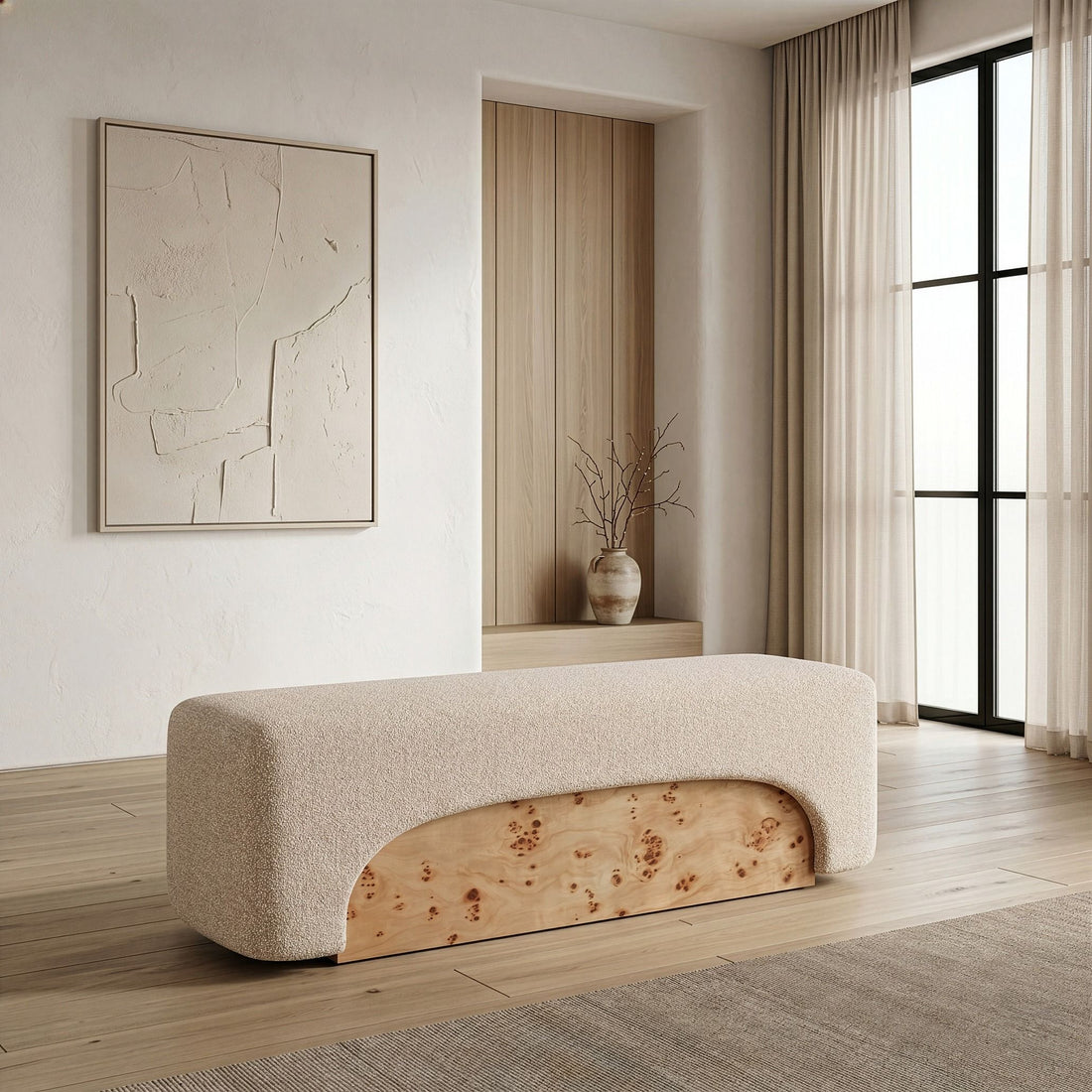 Upholstered Bench Ottoman, Beige Fabric and White Burl Entryway Bench