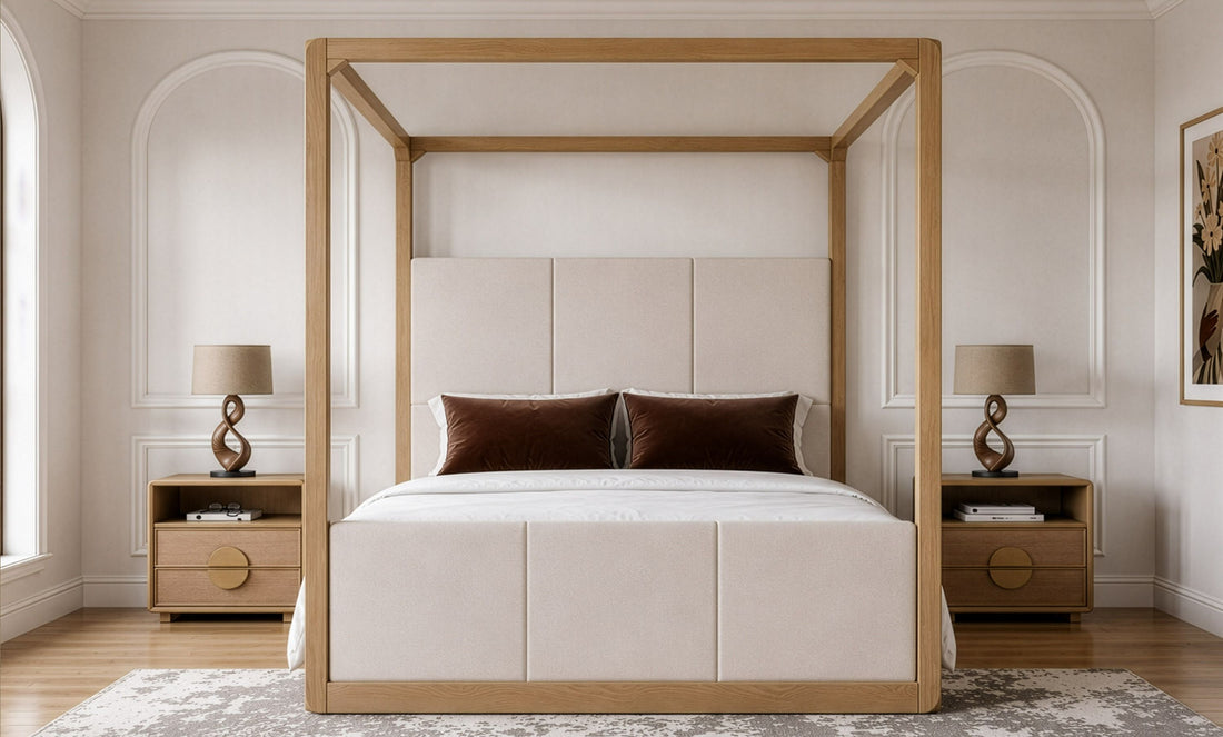 King Canopy Bed Frame, Upholstered Beige and Natural Oak Canopy Bed