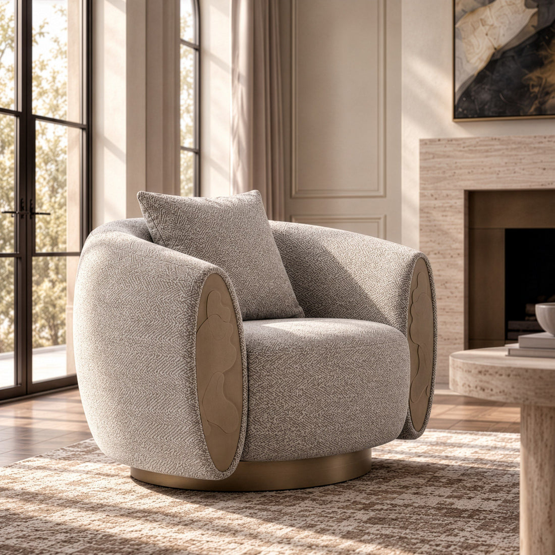 Striped Swivel Accent Chair, Modern Round Arm Chair with Brass Accents