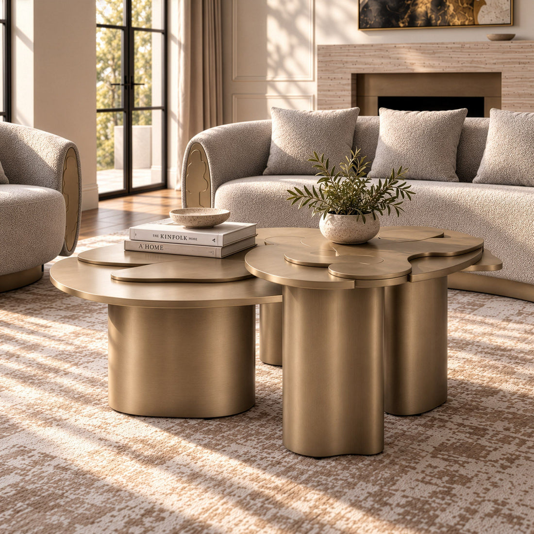 Brass Nesting Coffee Table Set, Modern Cast Iron Coffee and End Table