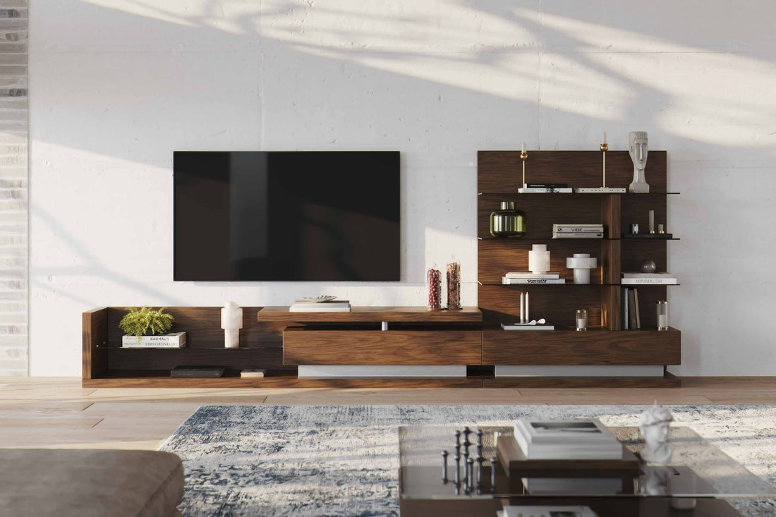 Walnut Entertainment Center, Mid Century Modern TV Wall Unit with Shelves