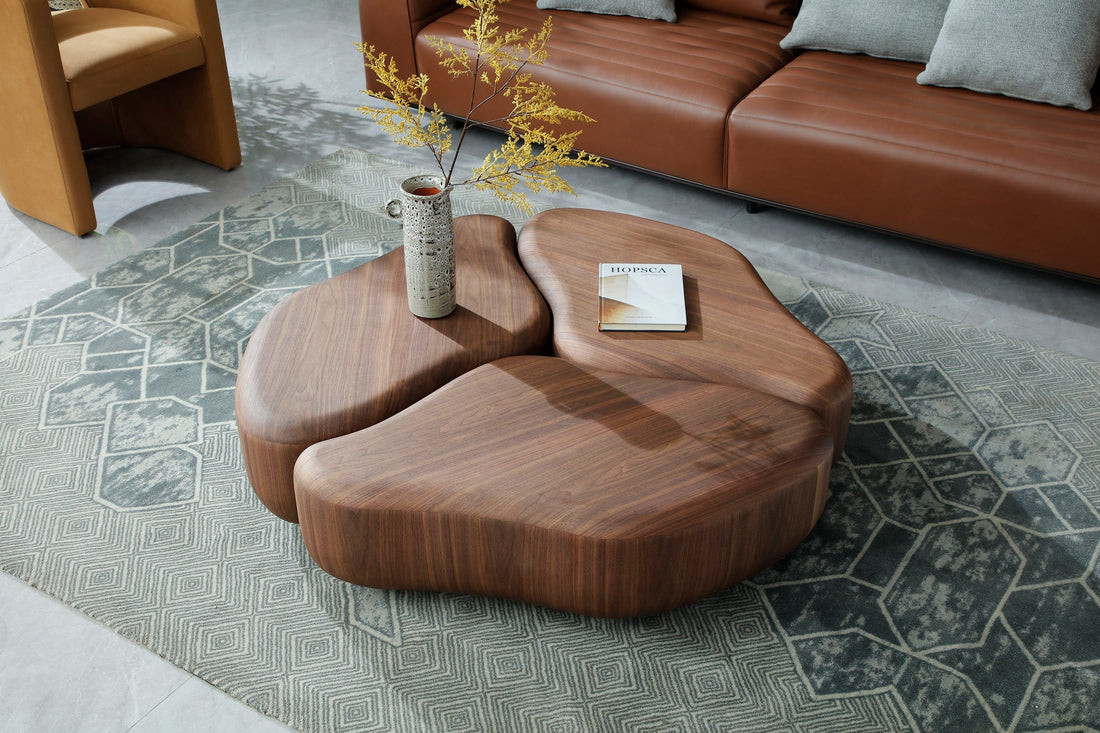 Round Walnut Coffee Table Set, Modern Block Base Living Room Tables