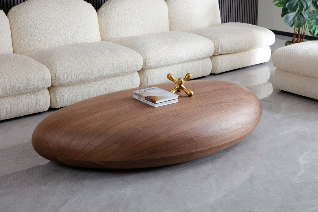 Oval Coffee Table, Modern Walnut Finish Low Block Base Table