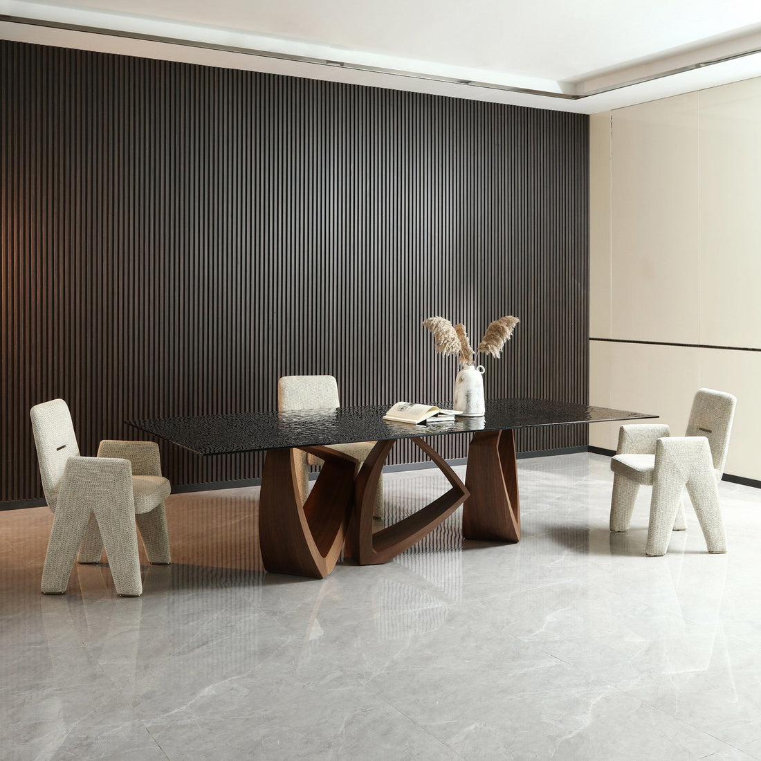 Glass Top Dining Table, Modern Walnut Trestle Table for Large Families