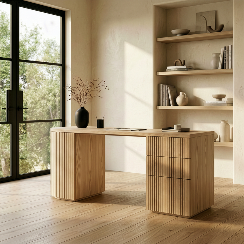 Natural Ash Writing Desk, Modern Home Office Desk with Drawers and Cabinet