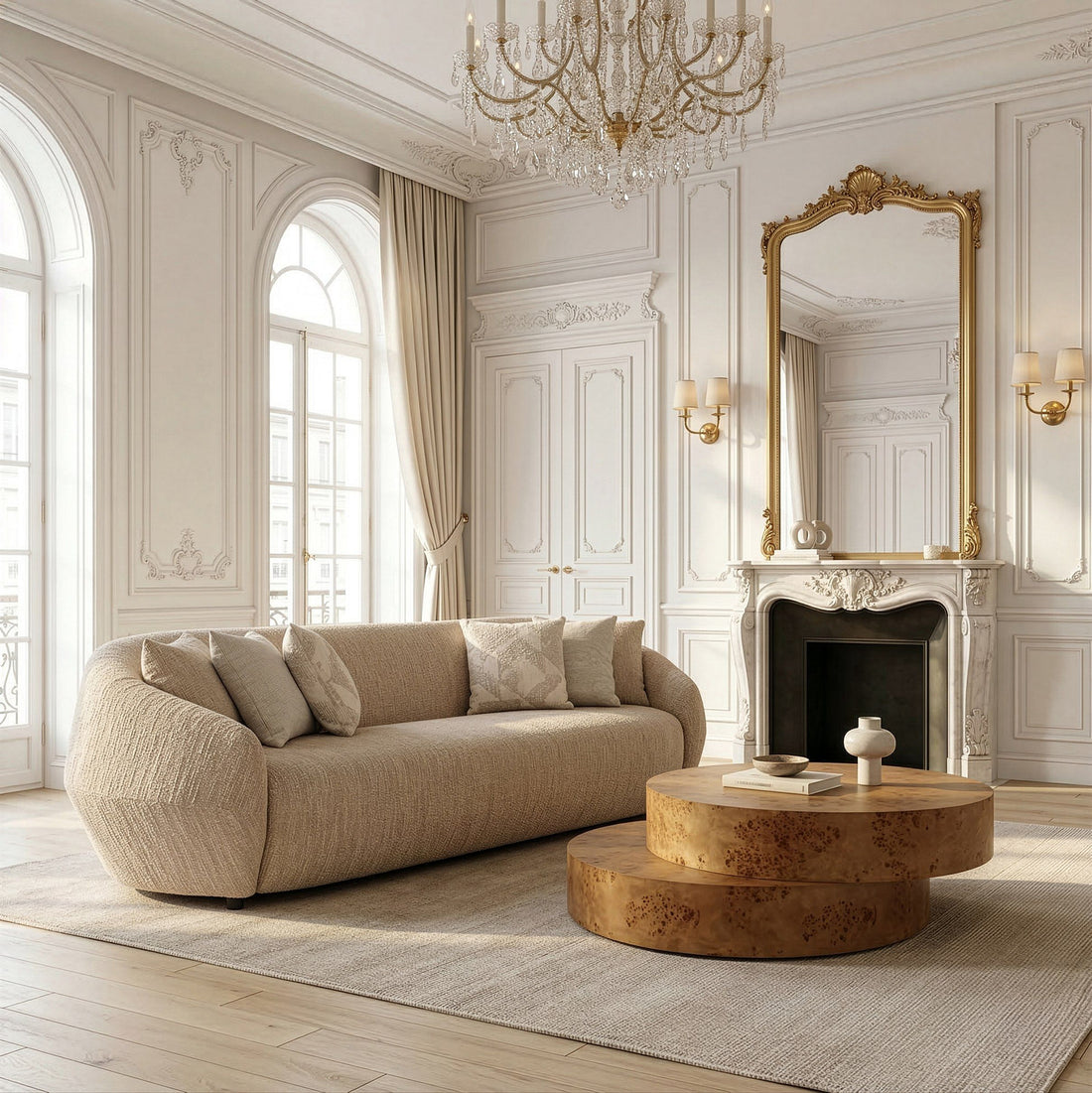 Beige Patterned Sofa, Extra Long Curved Arm Couch
