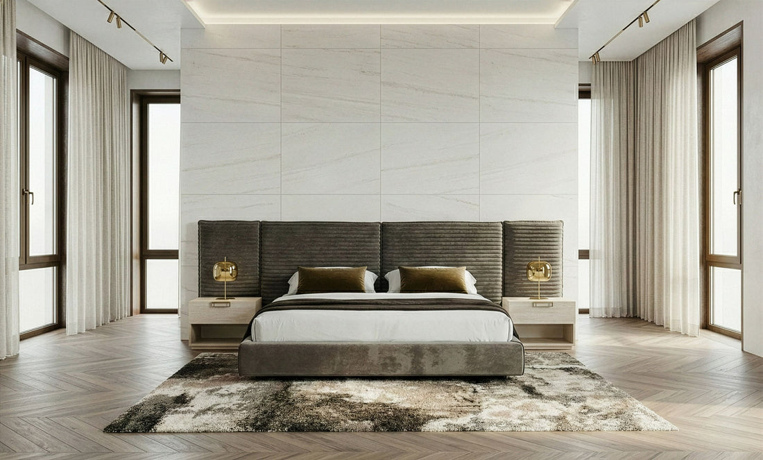 Dark Taupe Velvet King Bed, Wide Panel Headboard Upholstered Bed
