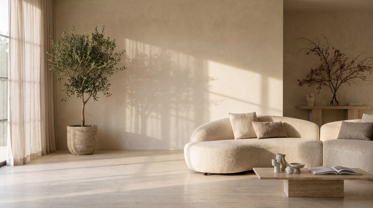 Beige Curved Sectional Sofa in a styled room