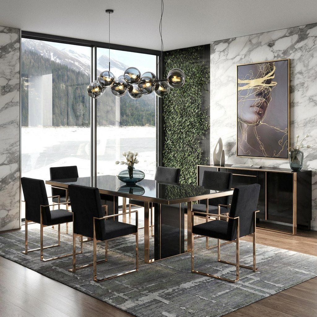 Black Glass Dining Table Set, Rose Gold Dining Set with Velvet Chairs