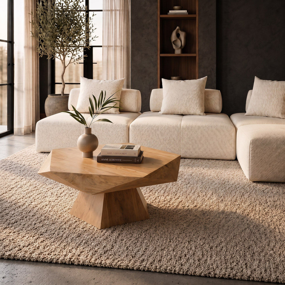 Pentagon Coffee Table, Rustic Solid Acacia Wood Pedestal Table