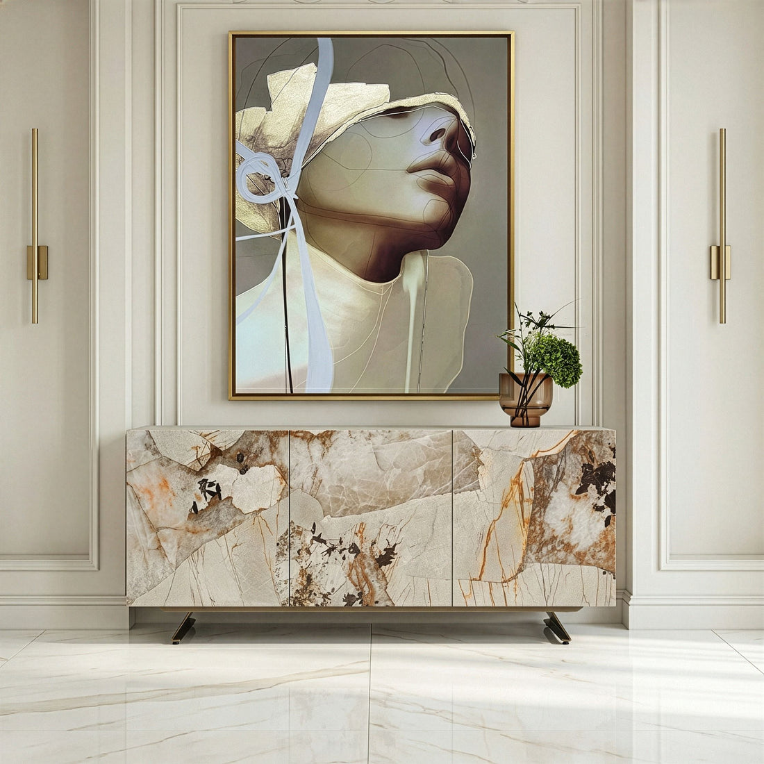 Ceramic Top Sideboard Buffet, Beige Marble Look Dining Room Cabinet