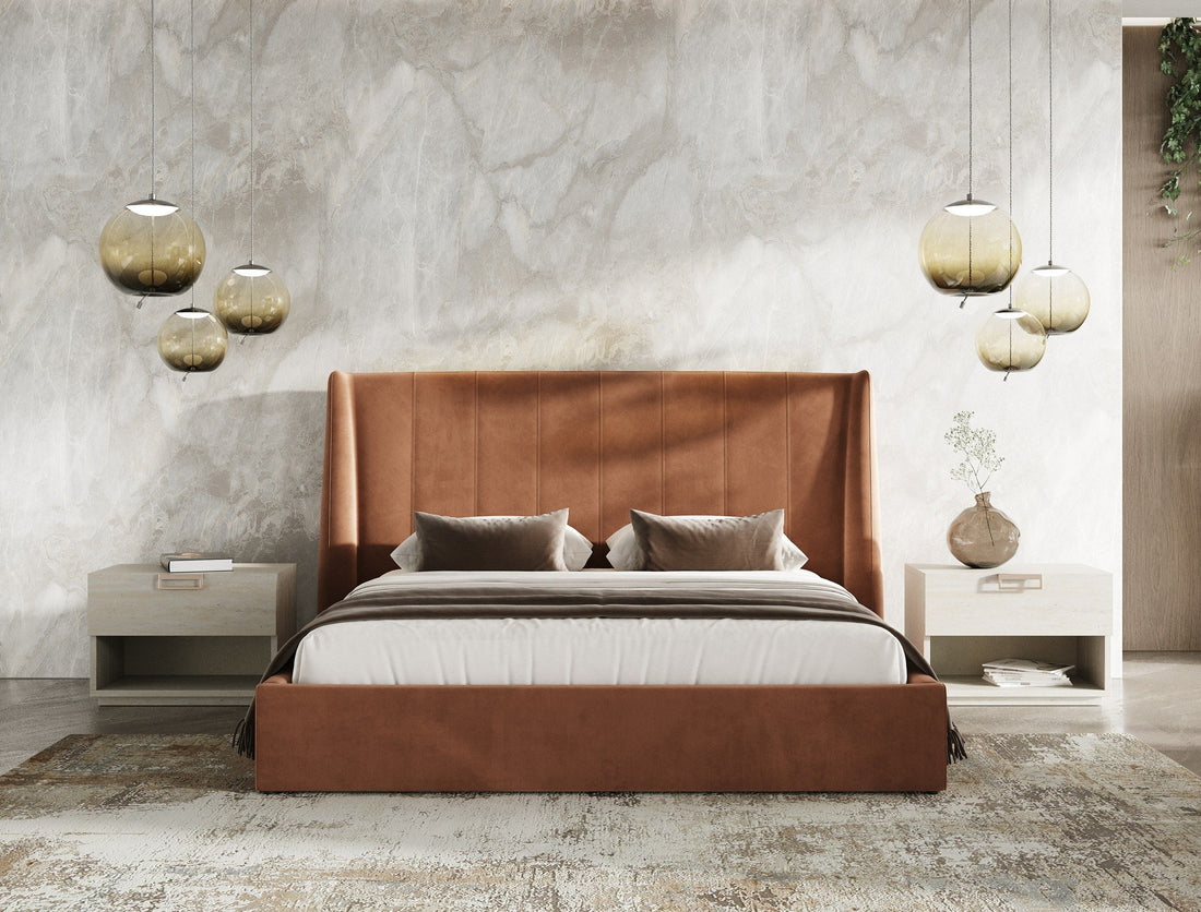 Burnt Orange Upholstered Bed Set, Modern Bed with Travertine Look Nightstands