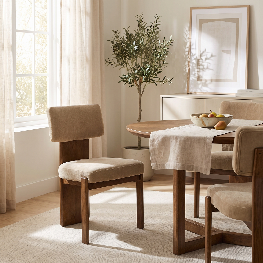 Tan Upholstered Dining Chairs, Modern Walnut Side Chair Set with Casters