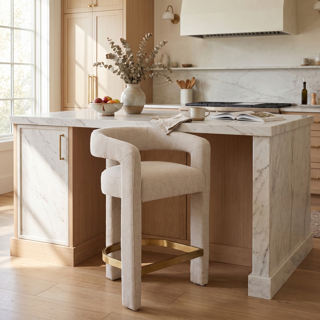 Beige Linen Counter Stool, Counter Chair with Arms and Brass Footrest