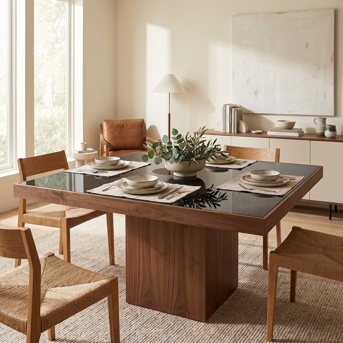 Square Dining Table, Black Glass and Walnut Pedestal Table