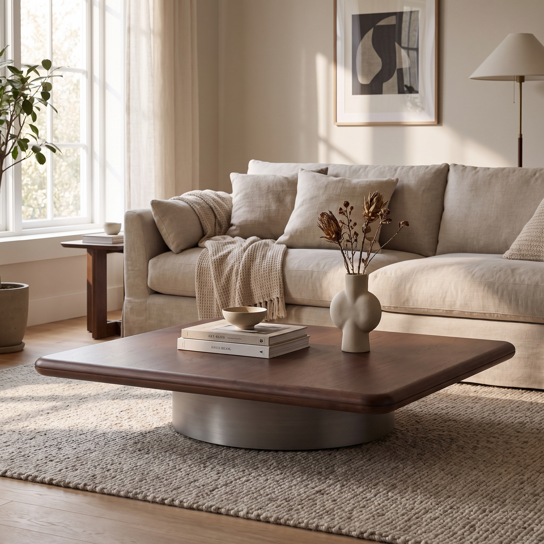 Low Square Coffee Table, Walnut Wood Top with Round Metal Base