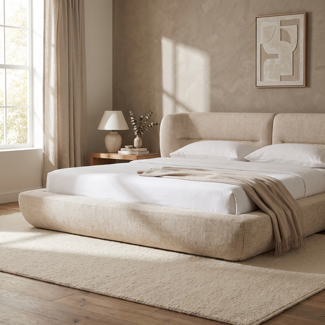 Cream Upholstered Bed Frame, Modern Panel Headboard Platform Bed