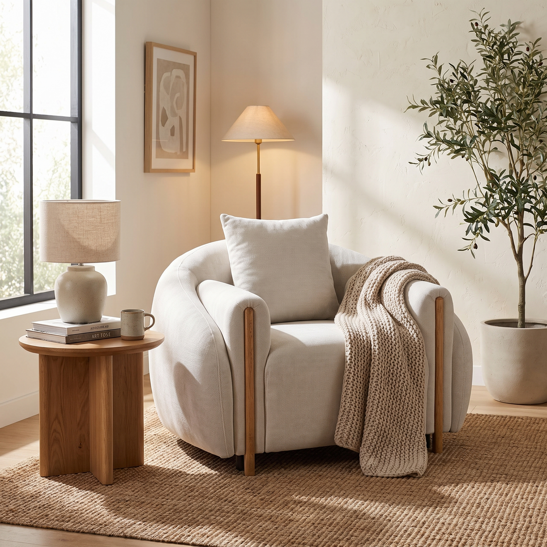 Beige Upholstered Accent Chair, Wide Square Arm Lounge Chair