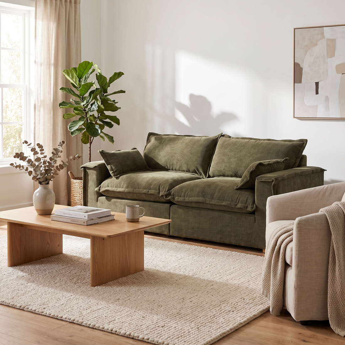 Green Fabric Sofa, Modern Square Arm Couch with Cushion Back