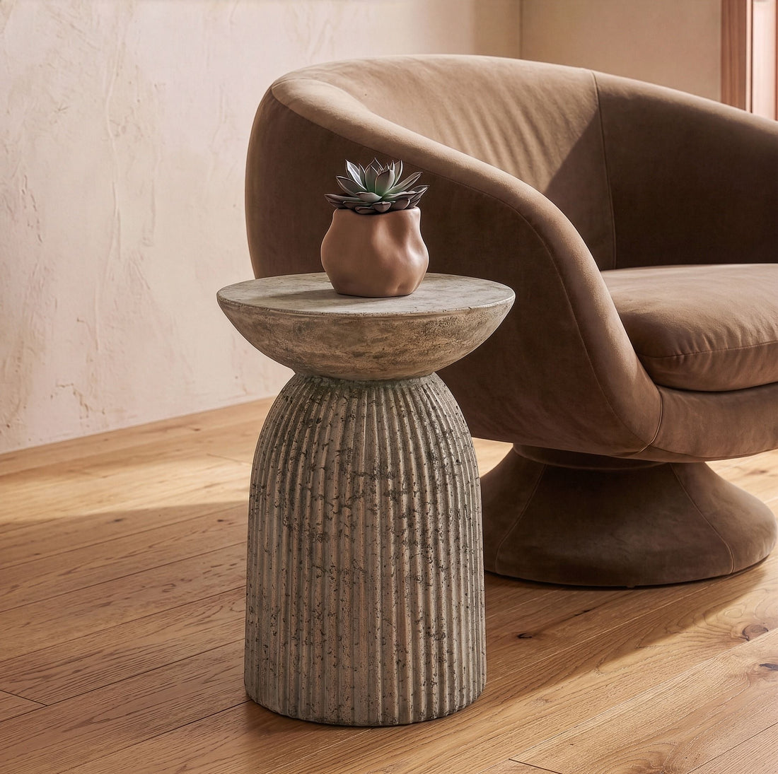 Round Grey End Table, Distressed Modern Accent Side Table