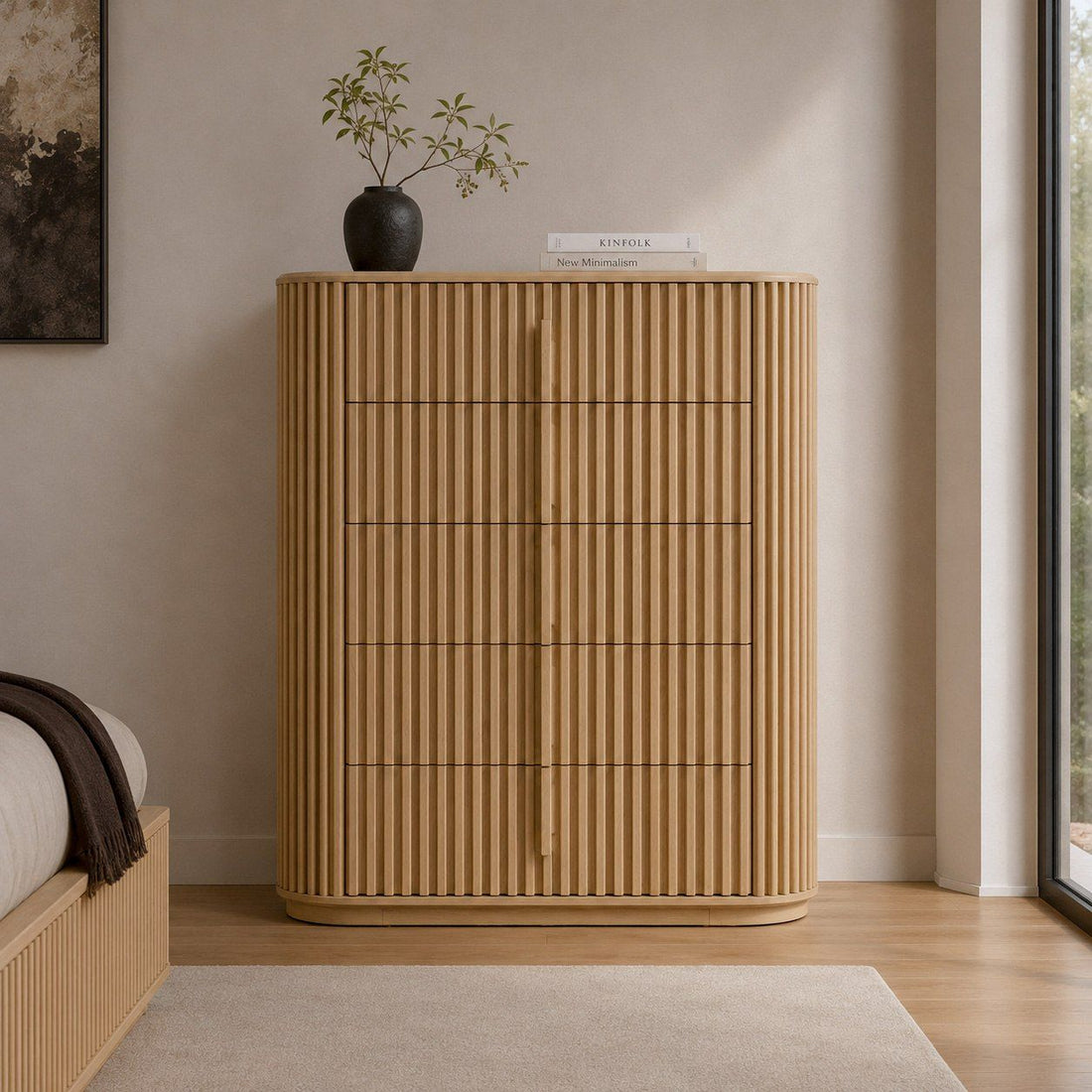 Natural Oak Chest of Drawers, Modern Tall Dresser with Wood Pulls