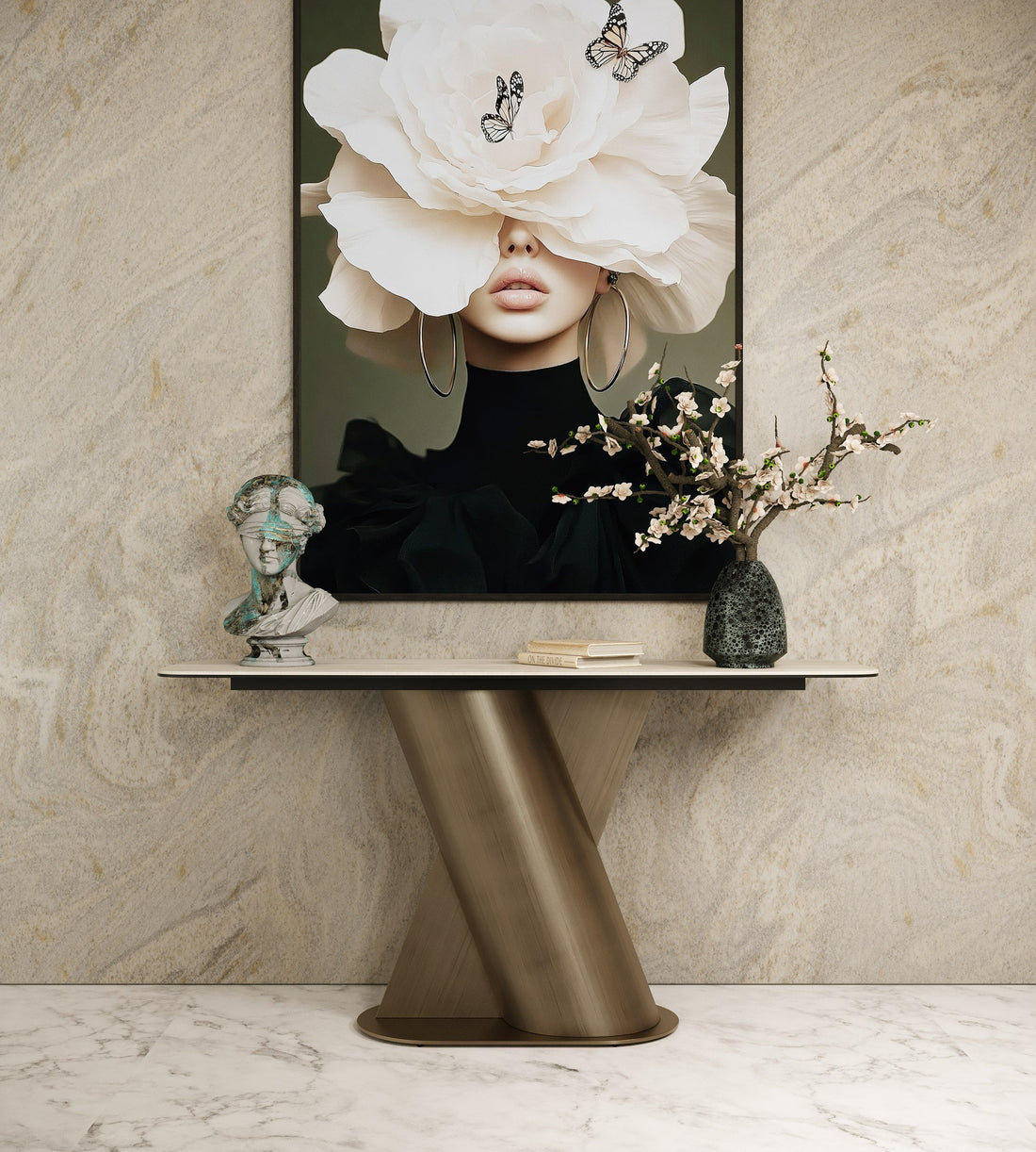 Travertine Look Console Table, Modern Bronze Pedestal Entryway Table