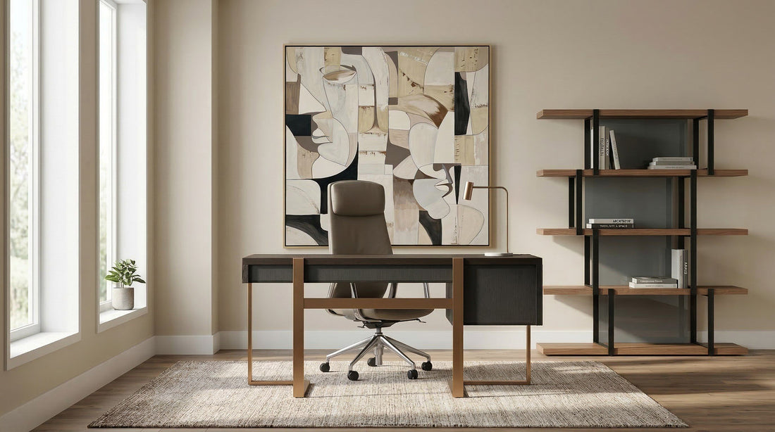 Grey Leather Executive Office Chair, High Back Desk Chair with Headrest