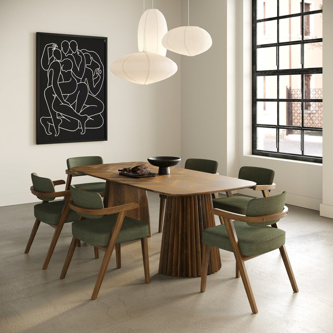 Herringbone Walnut Dining Set, Mid Century Modern Table with Green Chairs
