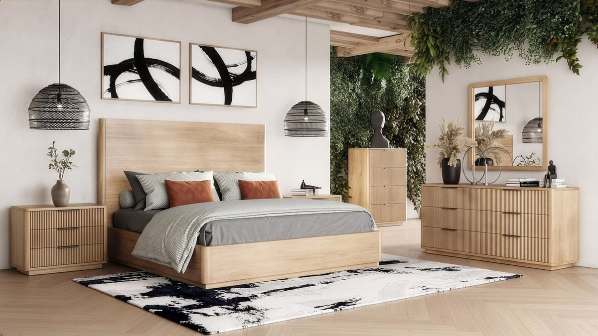 Natural Oak Three Drawer Nightstand, Modern Wide Bedside Chest