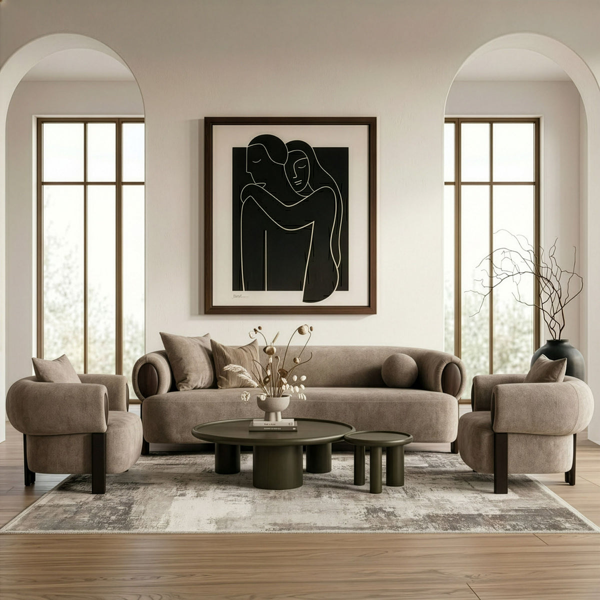 Tan Fabric Accent Chair, Modern Round Arm Lounge Chair with Wood Accents
