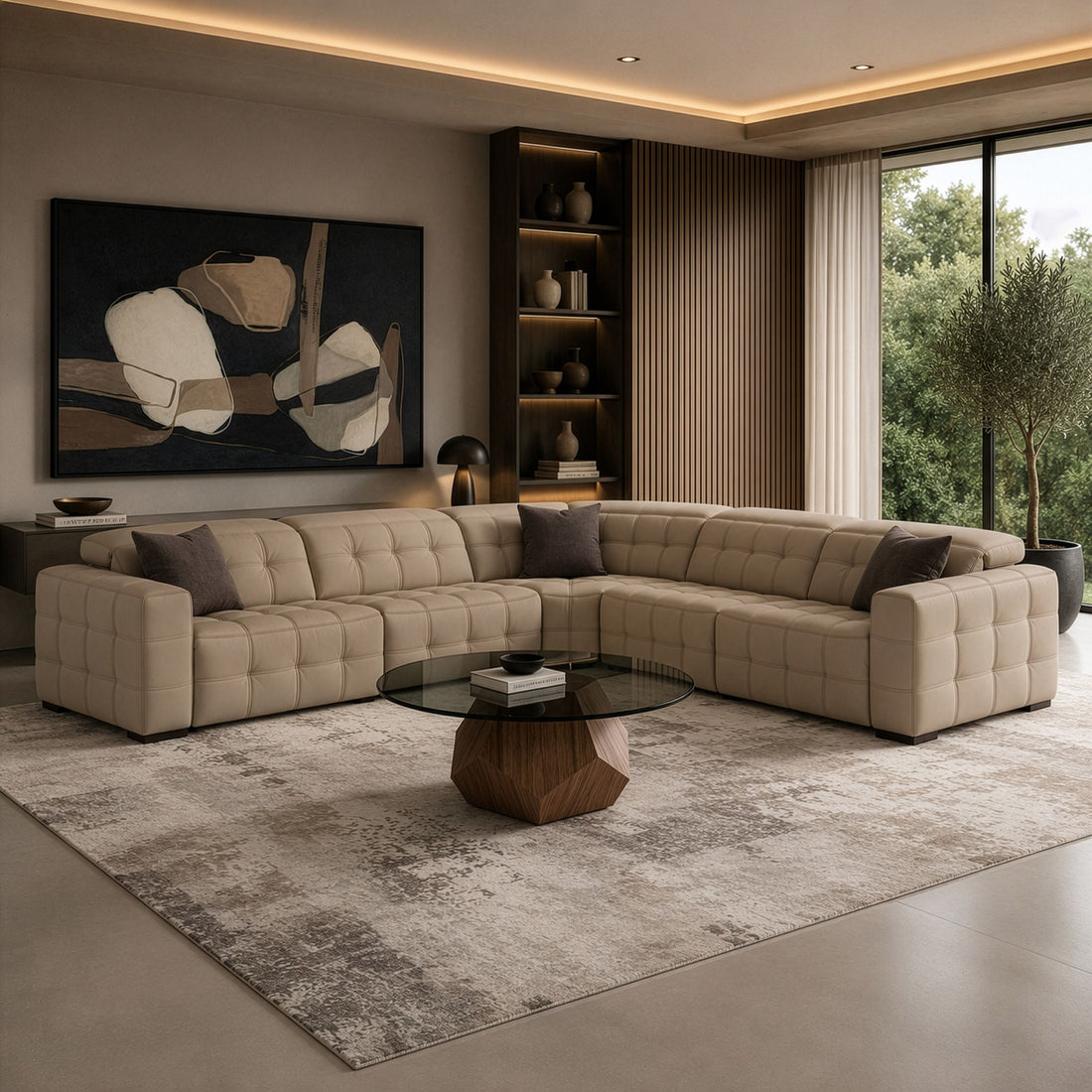Beige Leather Reclining Sectional Sofa, L Shaped Power Recliner Couch