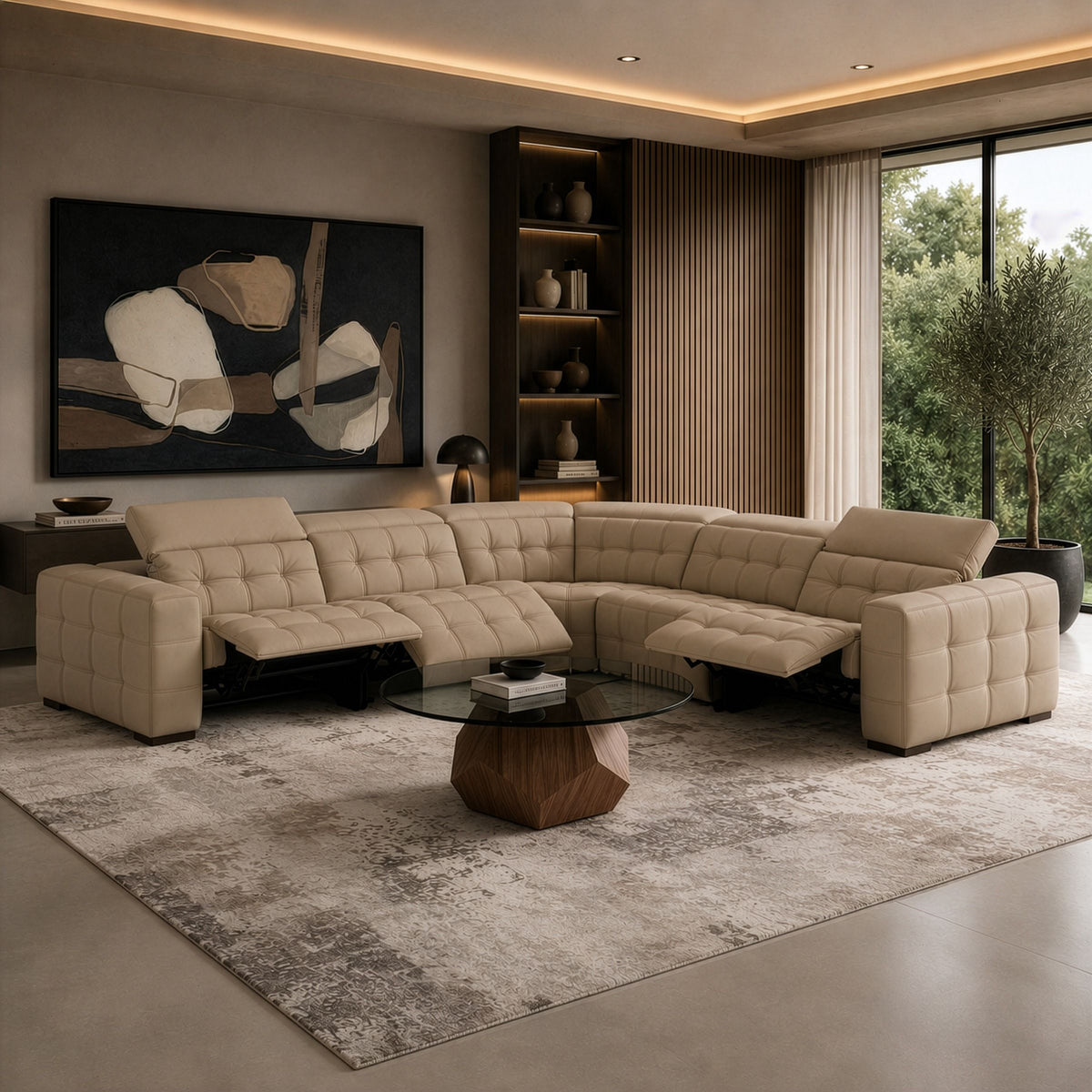 Beige Leather Reclining Sectional Sofa, L Shaped Power Recliner Couch