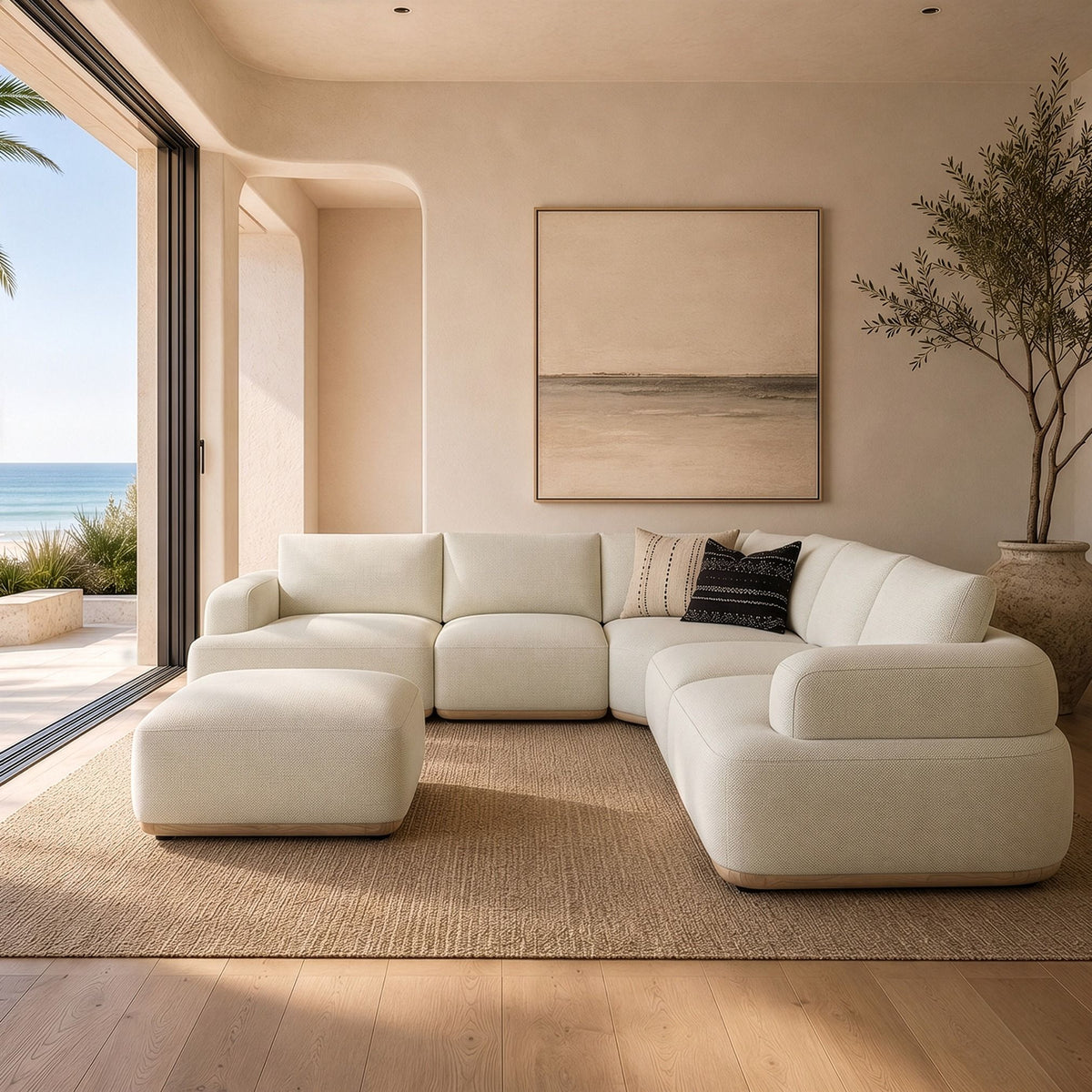 Off White Modular Sectional Sofa, Round Arm Pillow Back Sectional Couch