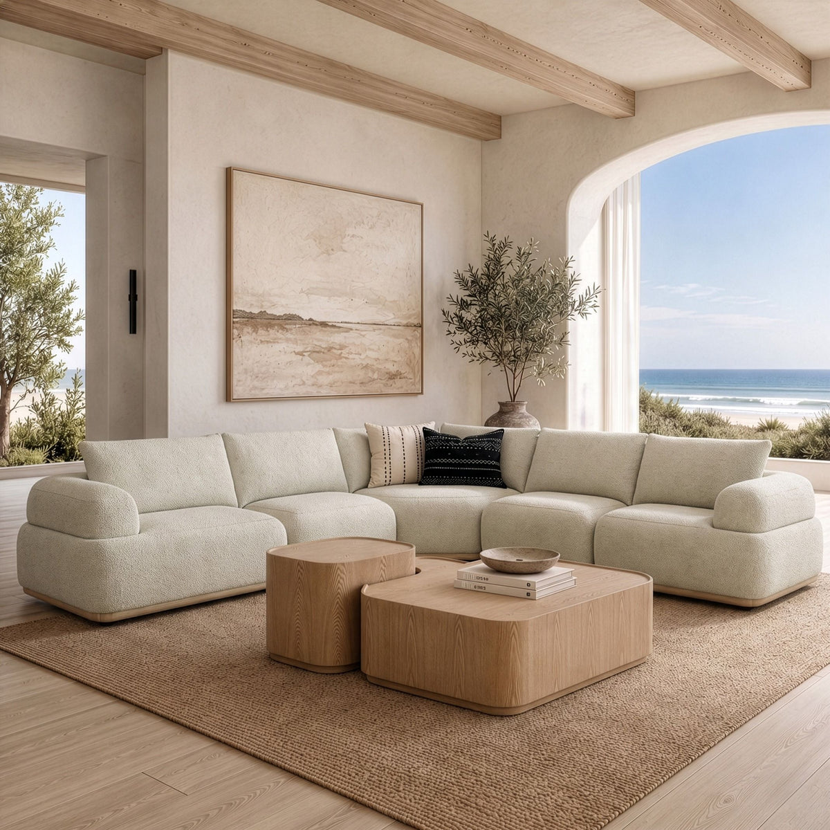 Off White Modular Sectional Sofa, Round Arm Pillow Back Sectional Couch