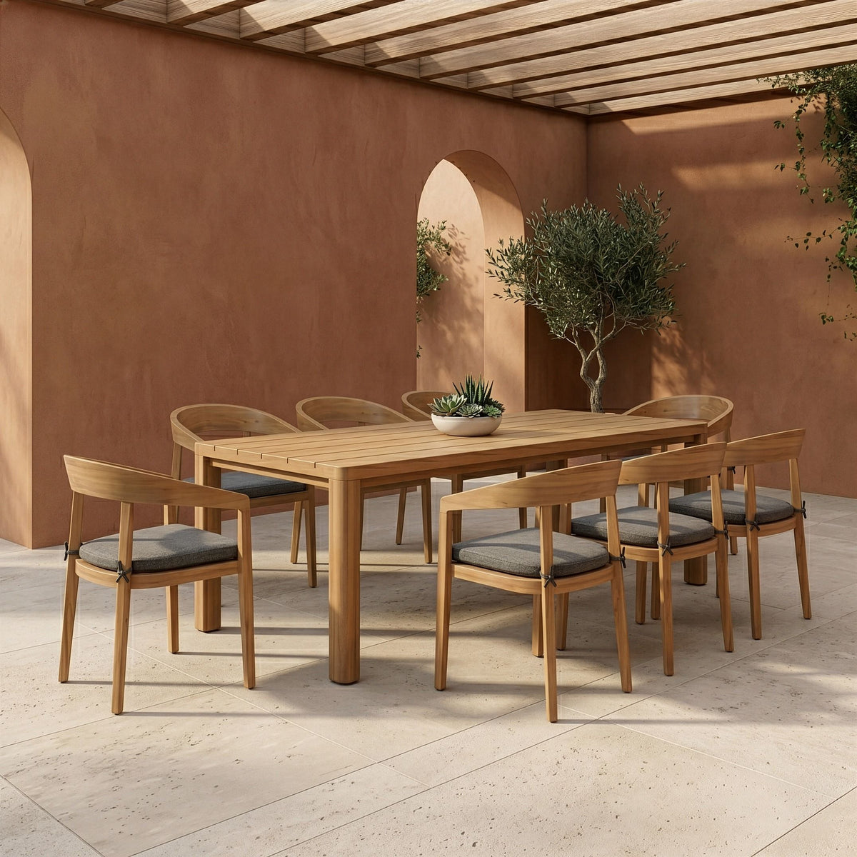 Outdoor Teak Look Dining Set, Eucalyptus Patio Table with Gray Chairs