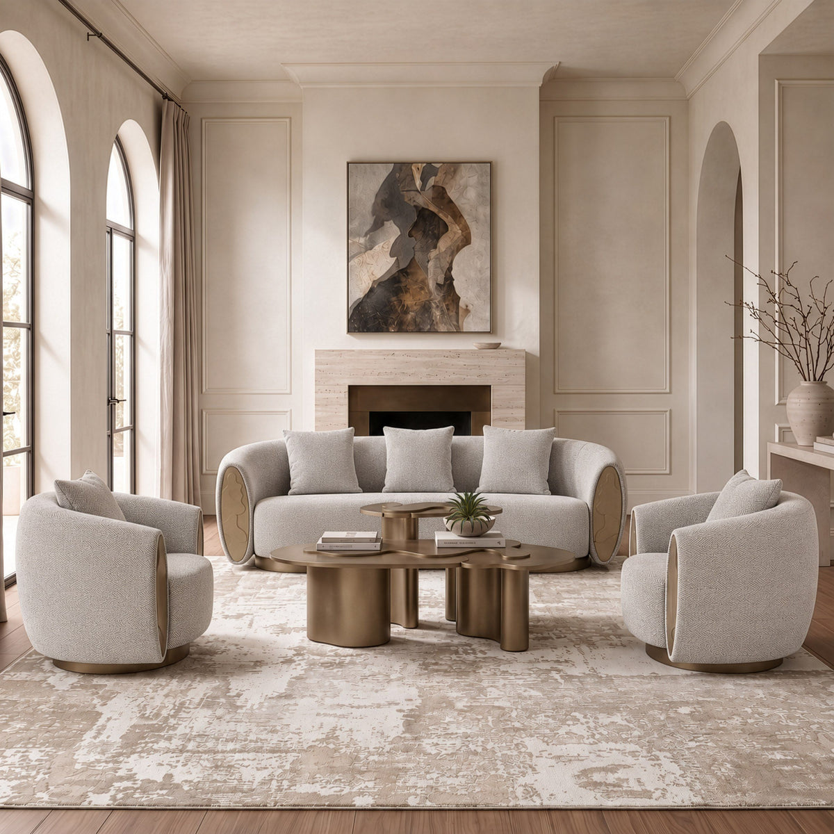 Striped Swivel Accent Chair, Modern Round Arm Chair with Brass Accents