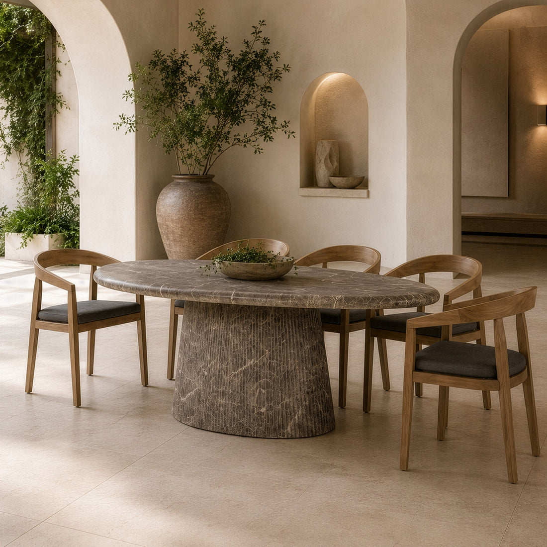 Oval Faux Marble Dining Table, Modern Concrete Pedestal Table