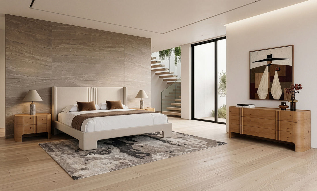 Beige Upholstered King Bed Frame, High Clearance Panel Bed