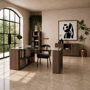 Reversible L Shaped Desk, Walnut and Glass Corner Office Desk