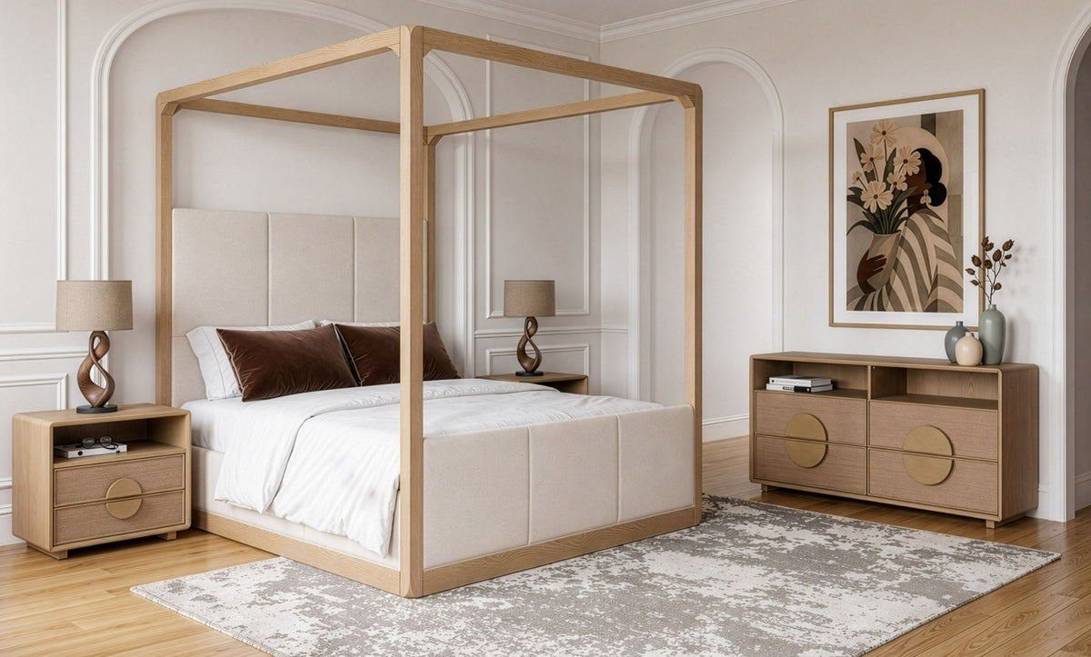 Oak Canopy Bedroom Set, Upholstered Bed with Rattan Front Dresser