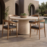 Round Travertine Look Dining Table, Concrete Pedestal Table Indoor Outdoor