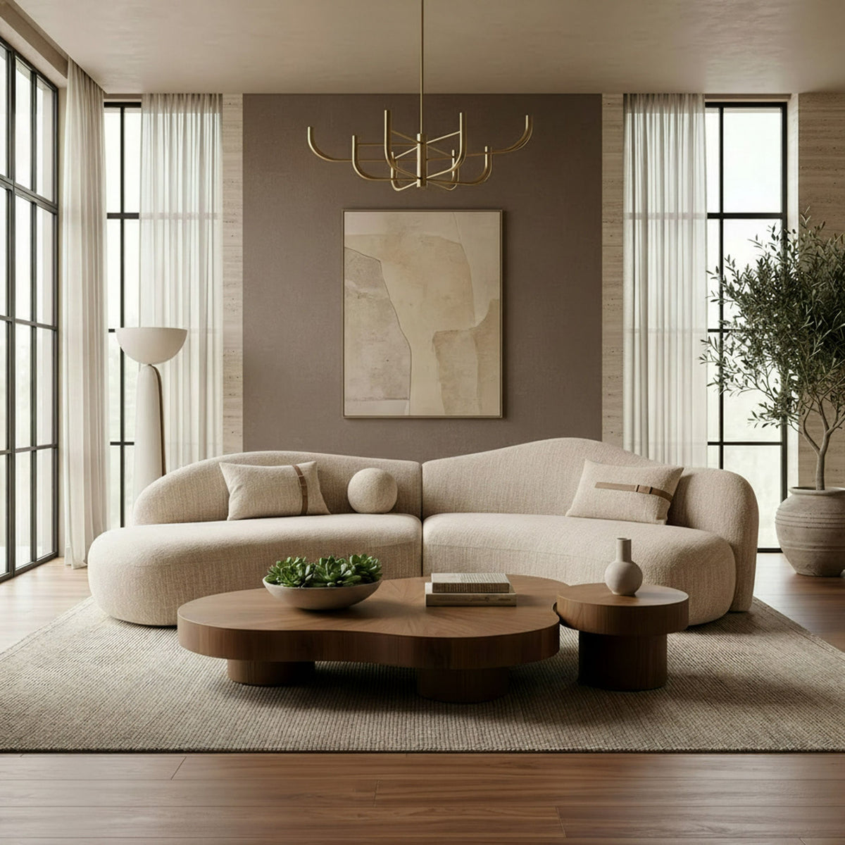 Curved Sectional Sofa, Beige Fabric Modern Couch with Throw Pillows