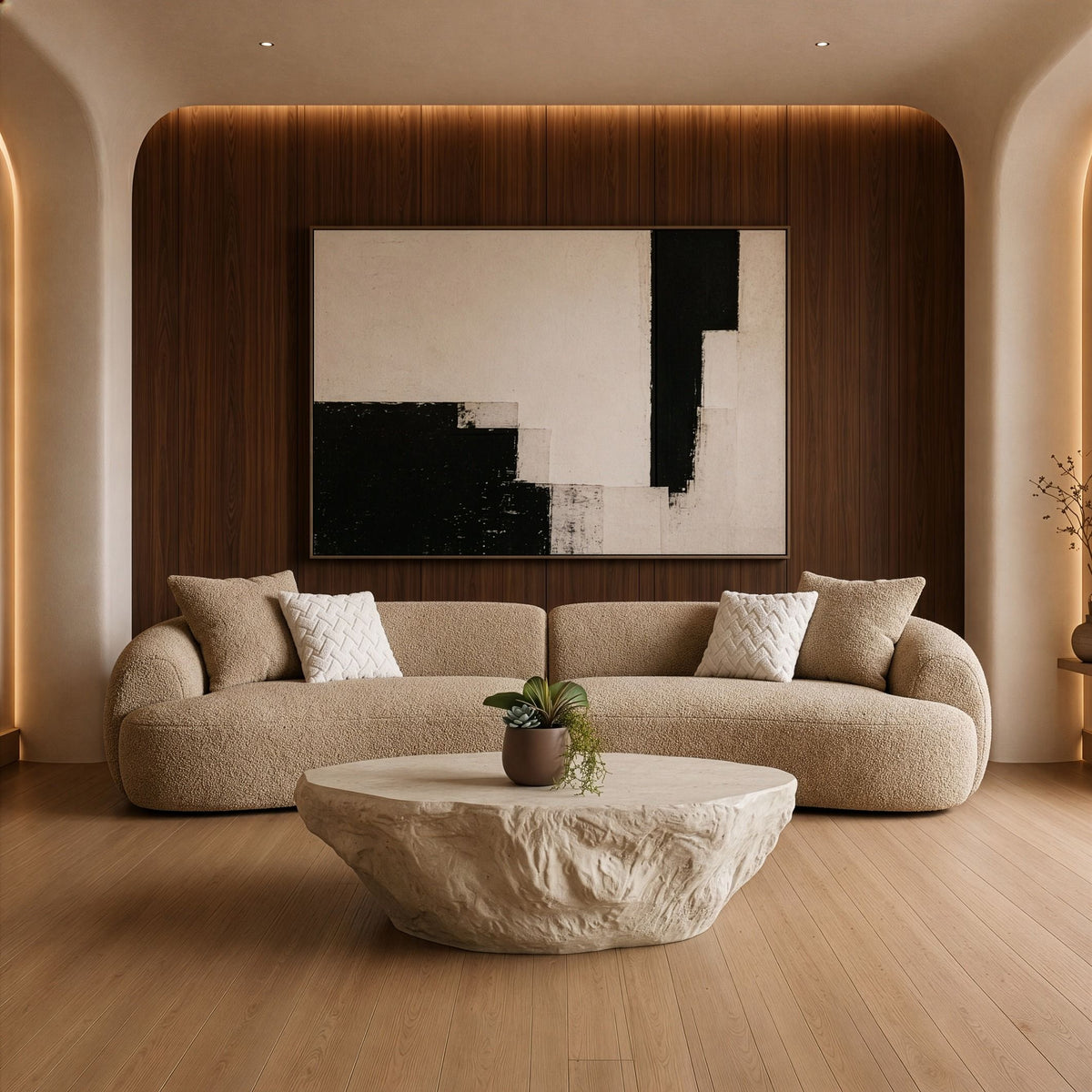 Tan Curved Sectional Couch, Cozy Round Arm Sofa with Toss Pillows