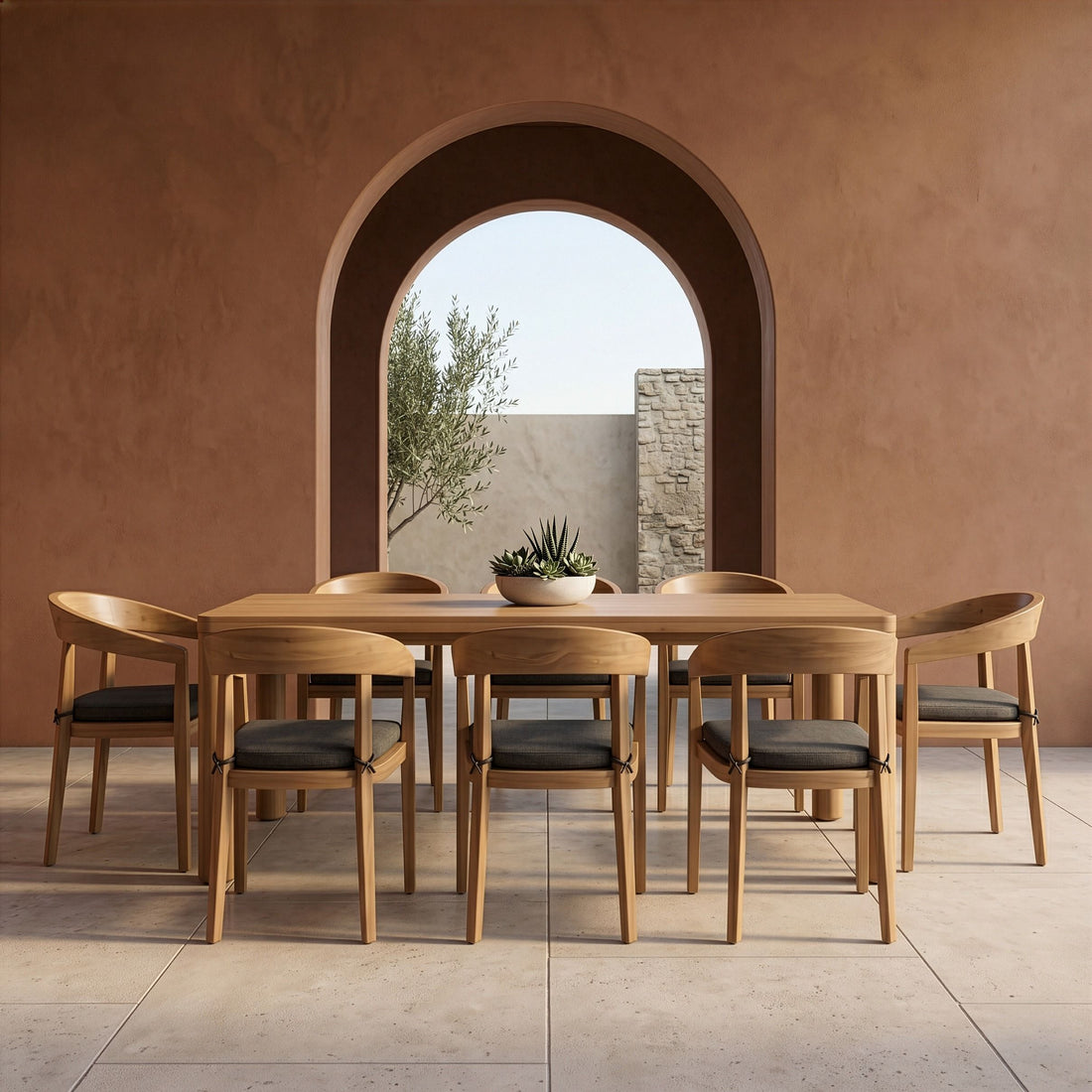 Outdoor Teak Look Dining Set, Eucalyptus Patio Table with Gray Chairs