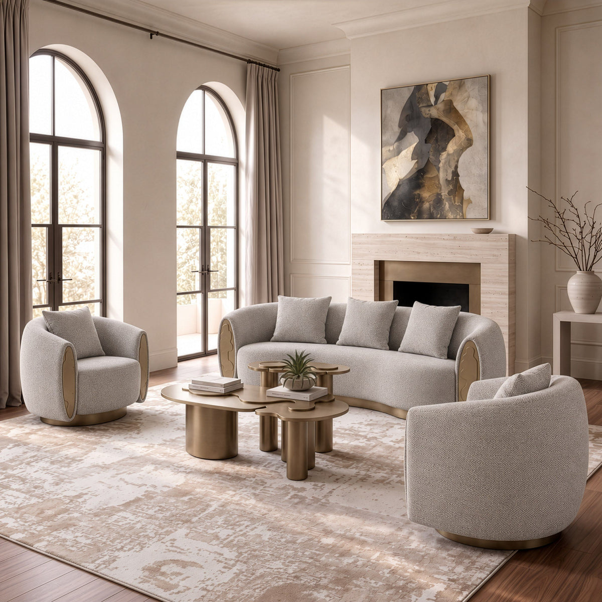 Striped Fabric Sofa, Modern Round Arm Couch with Brass Accents