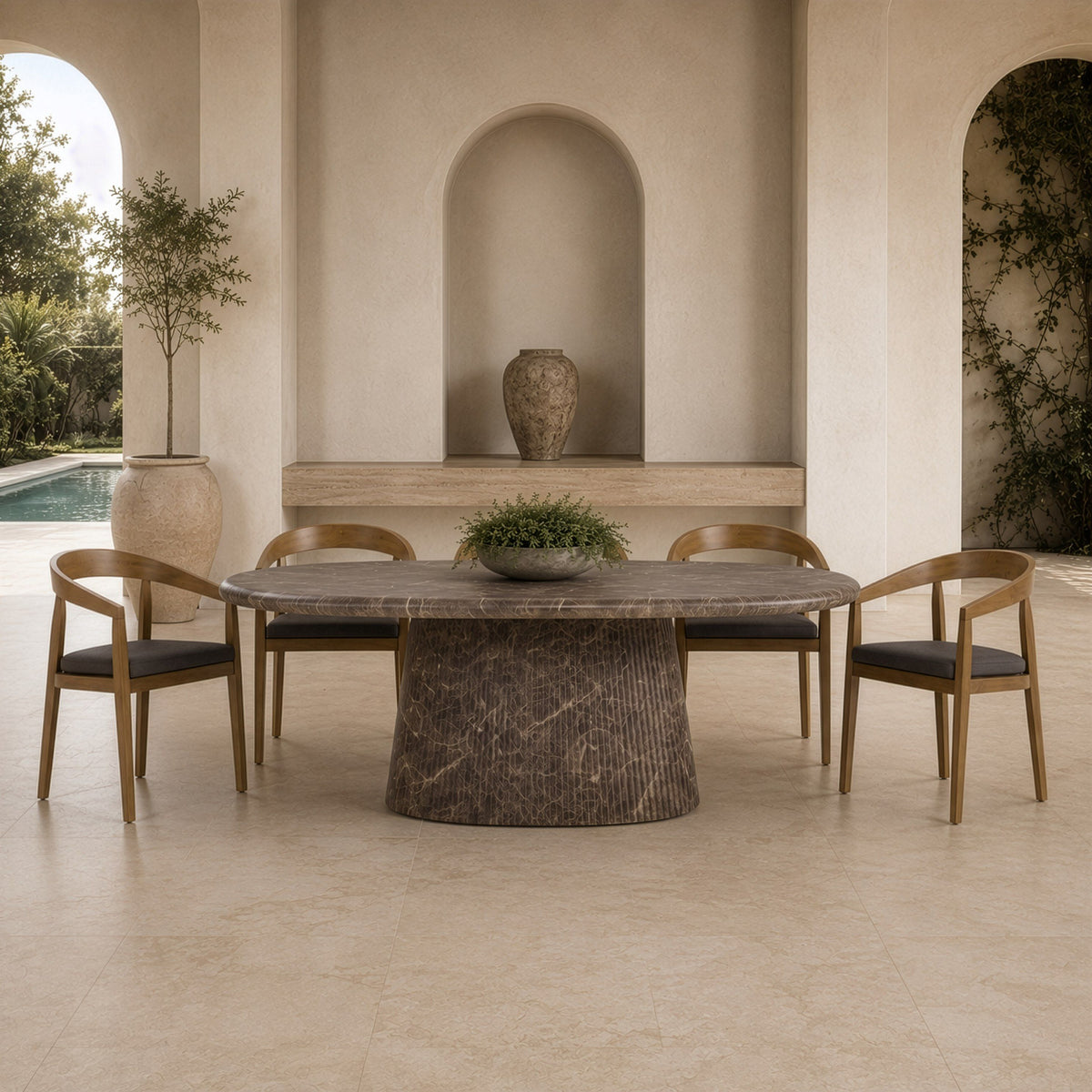 Oval Faux Marble Dining Table, Modern Concrete Pedestal Table