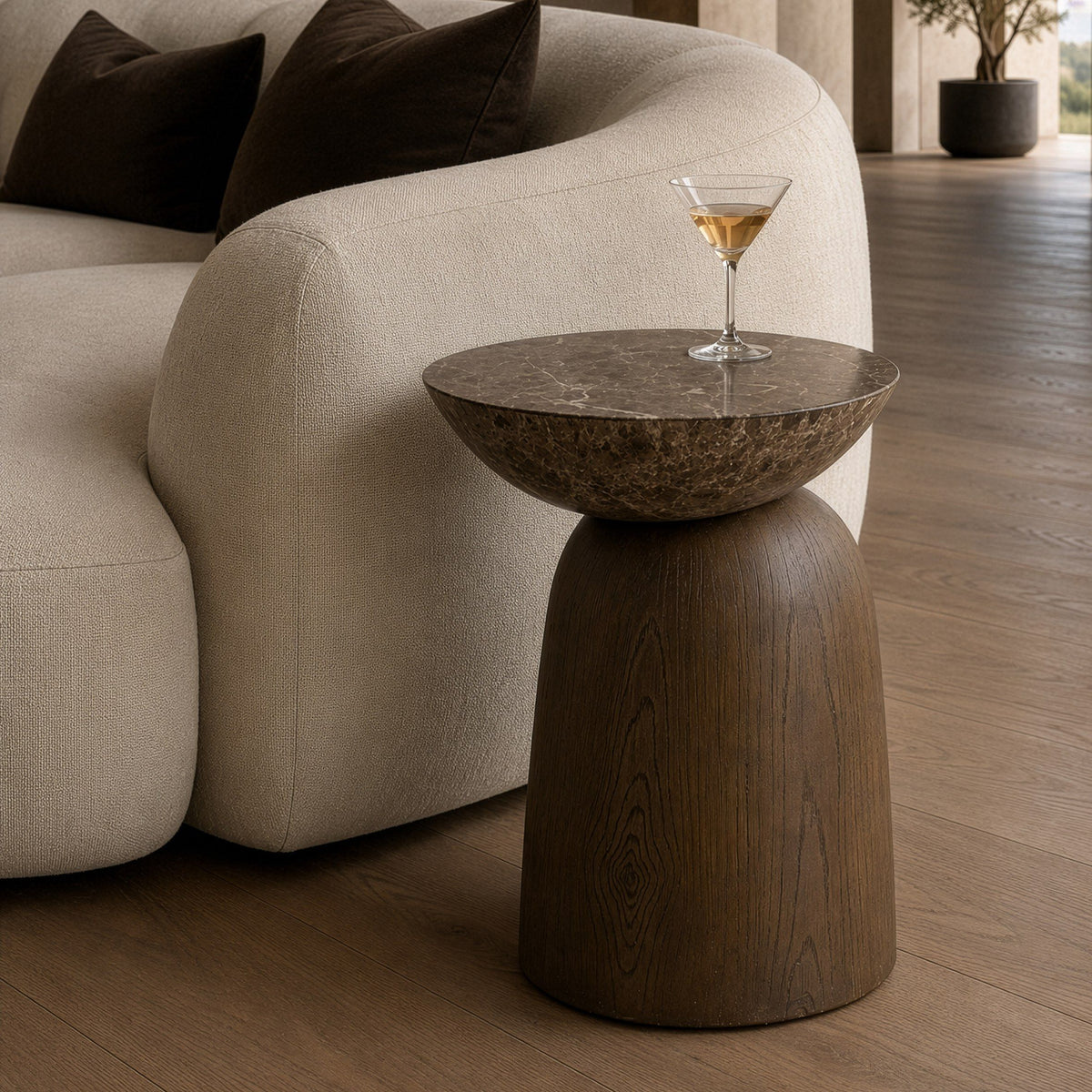 Brown Faux Marble Drum Side Table, Modern Round End Table for Indoor and Outdoor