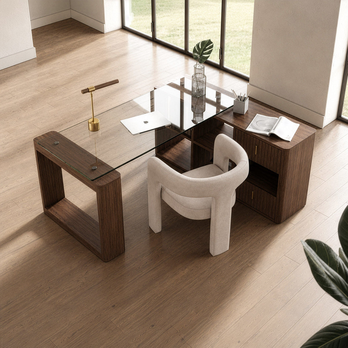 Reversible L Shaped Desk, Walnut and Glass Corner Office Desk